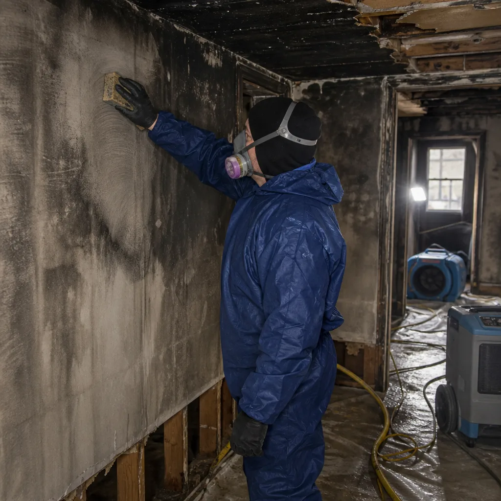 Professional performing fire and smoke damage restoration on a soot-covered wall
