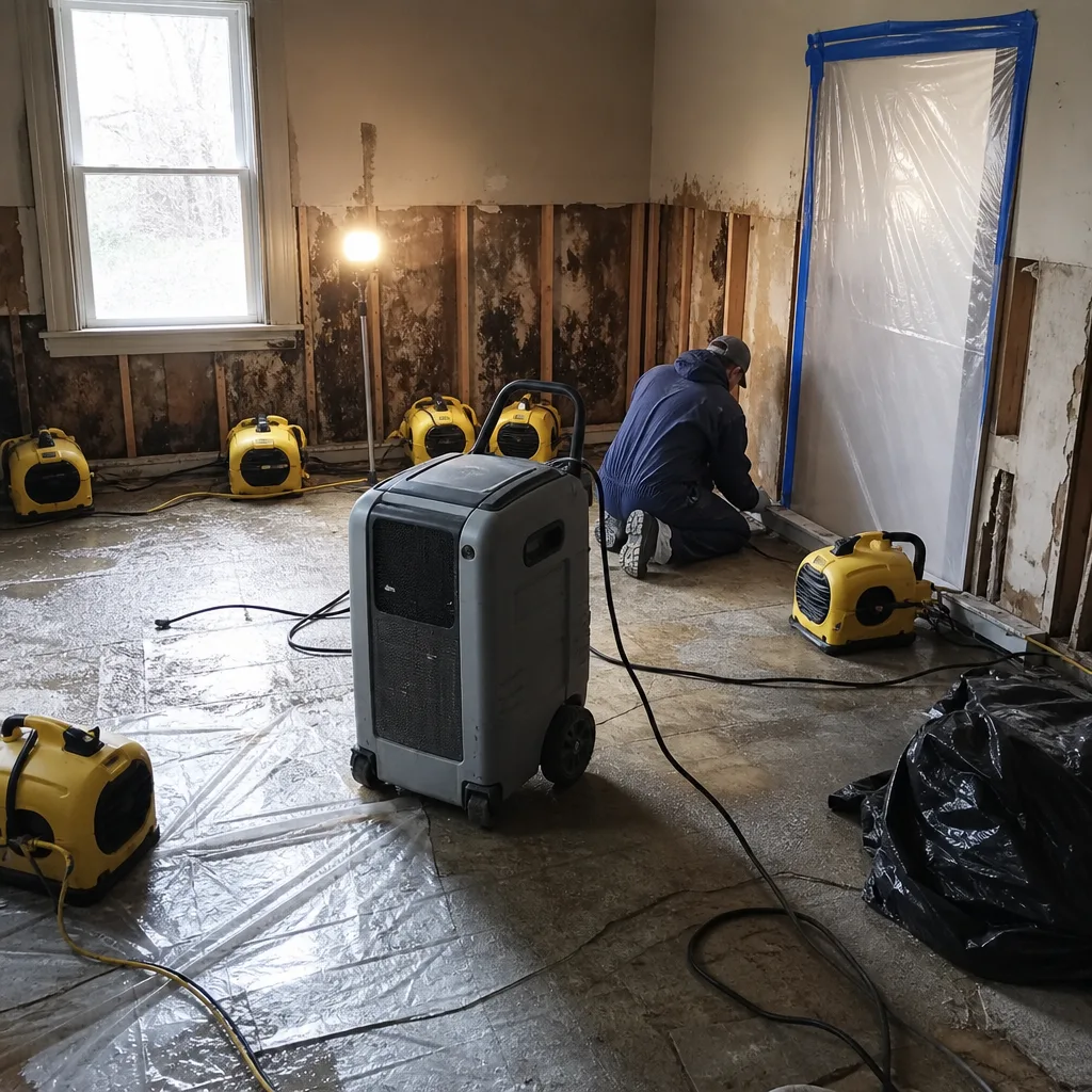 Water damage restoration technician using industrial drying equipment in a residential room.
