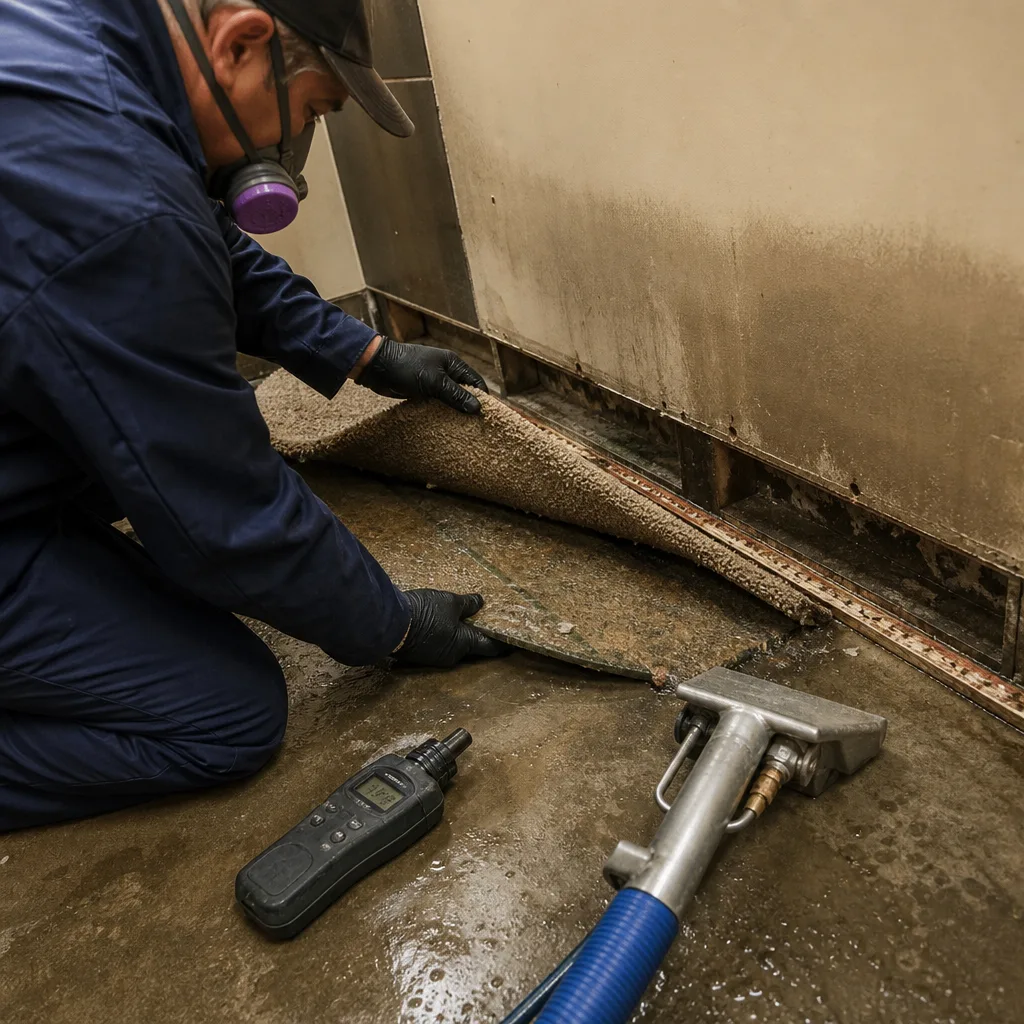 Water damage restoration professional inspecting subfloor under wet carpet